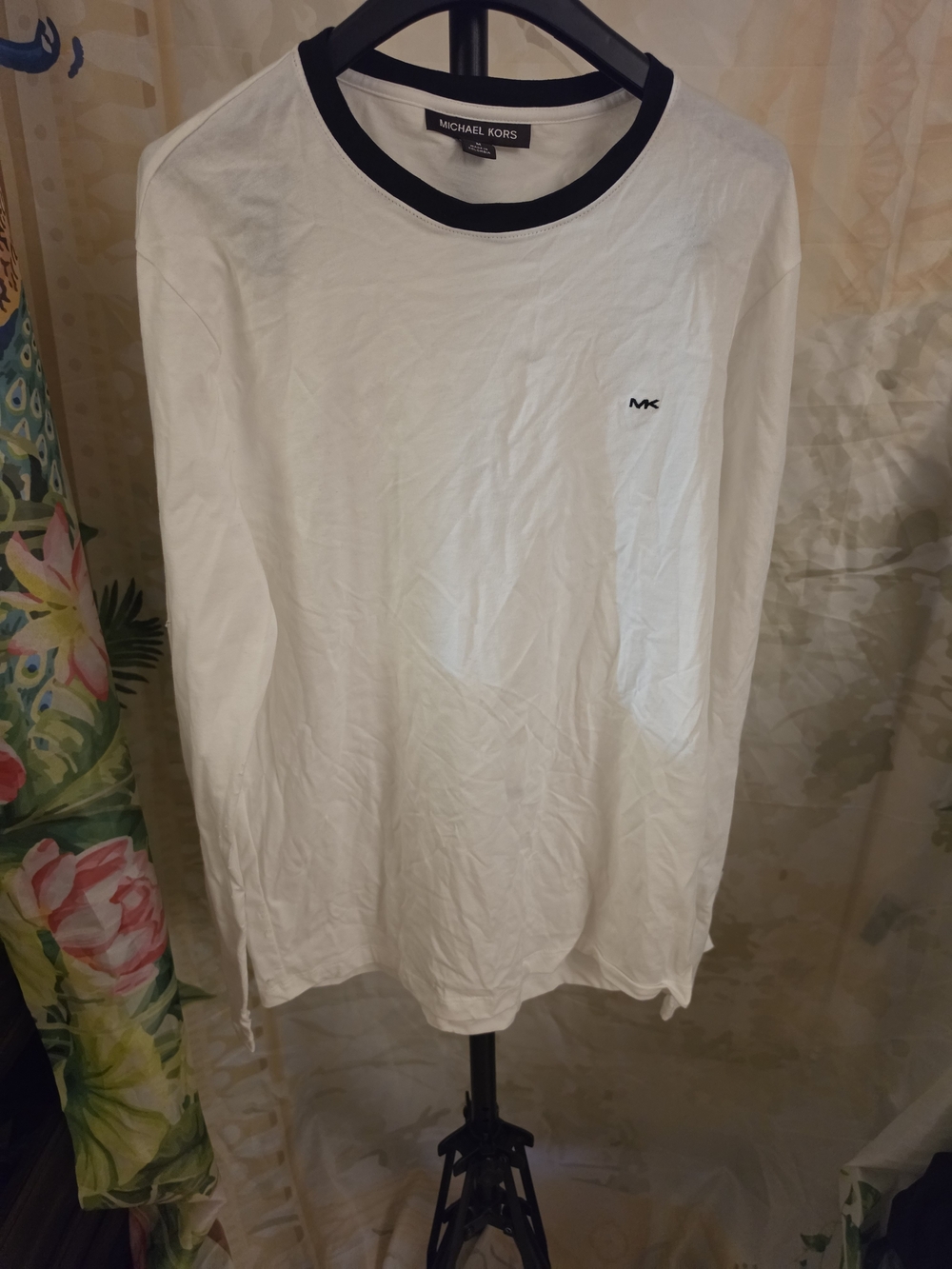 Michael Kors White Long-Sleeve Crewneck with Black Trim